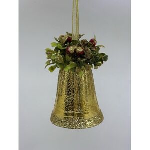 Vtg Style Christmas Ornament 5" Mercury Glass Bells gold w/ Holly by Valerie